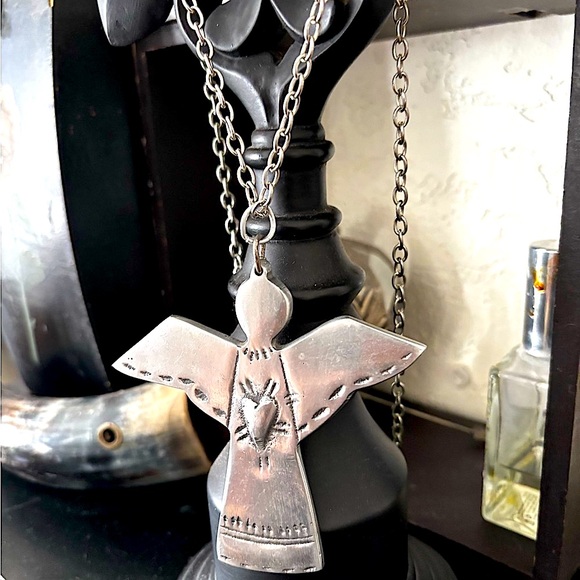 Artisan Vintage Large Silver Holiday Angel Pendant Necklace with Heart - Picture 2 of 7